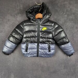 Nike Color Block Puffer‎ Jacket Toddler 24M Black Gray Yellow Just Do It Hooded